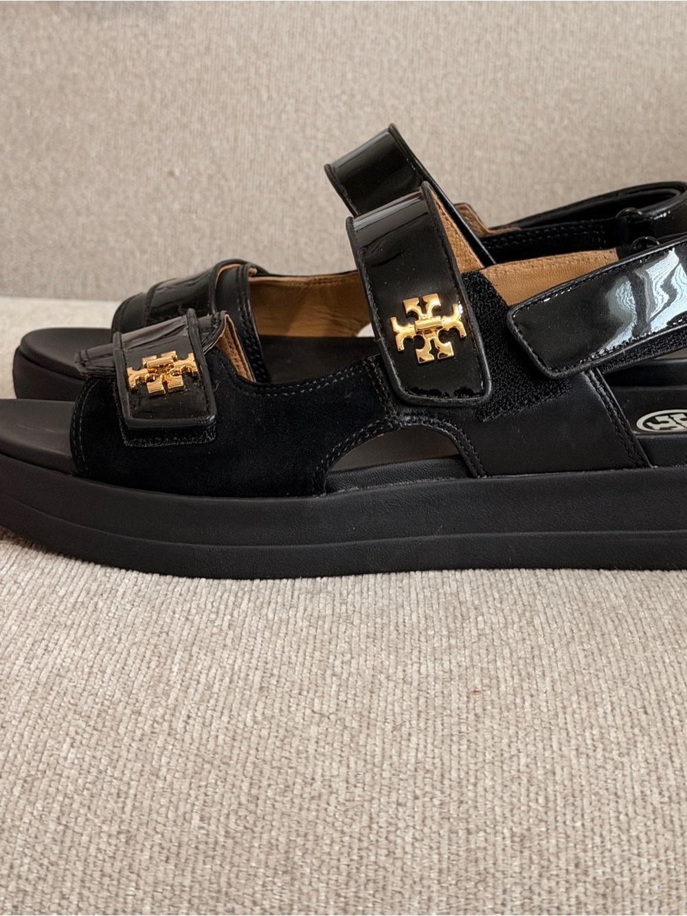 Tory Burch Kira Black Patent Double-Strap Sandals with Gold Logo Accents - Picture 6 of 10